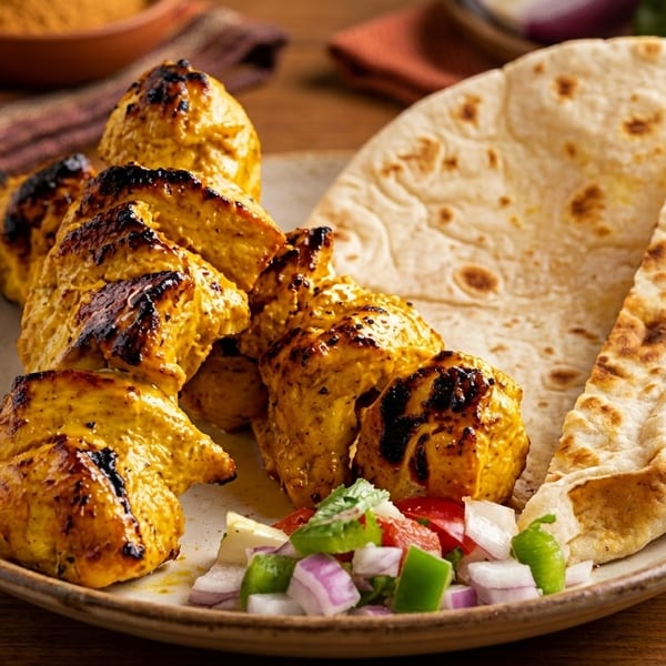 Grilled chicken tikka skewers with flatbread and a side salad of diced onions and peppers.