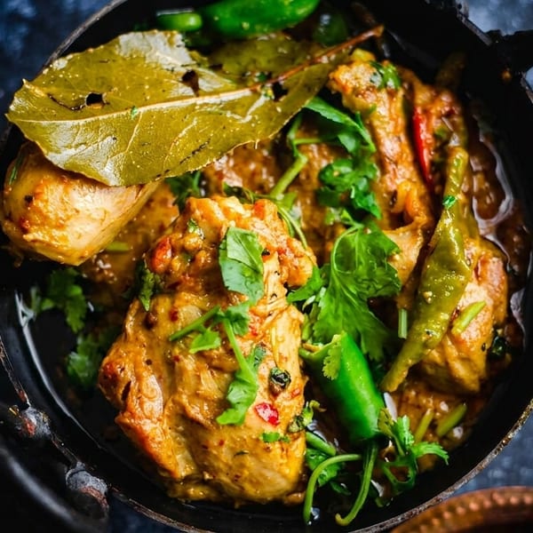 Close-up of chicken curry with green chilies, bay leaves, and cilantro in a dark pot.