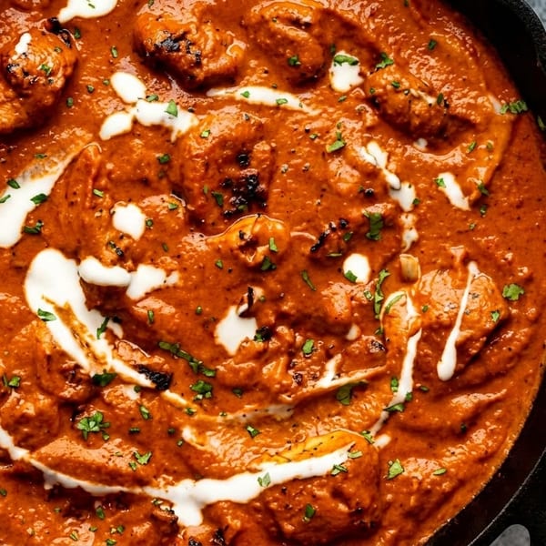 Close-up of chicken tikka masala in a black skillet, garnished with cream swirls and fresh cilantro.